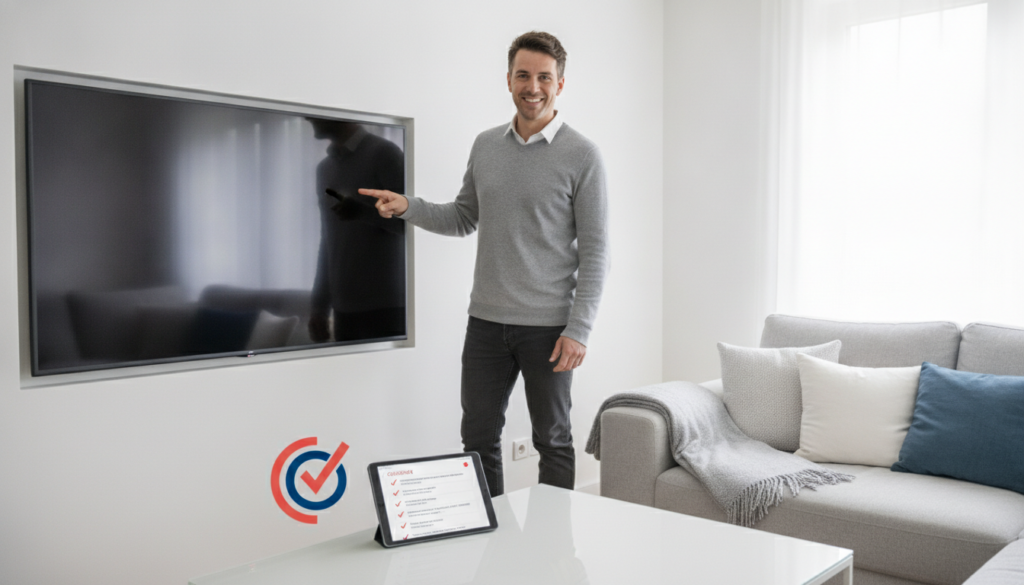 Editorial header photo for a swiss consumer elektronik -> fernseher checklist article titled "Fernseher Checkliste Schweiz". Photorealistic, bright, friendly consumer-magazine style, no text, no logos. Use #f2504e and #006bbd as accent colors.