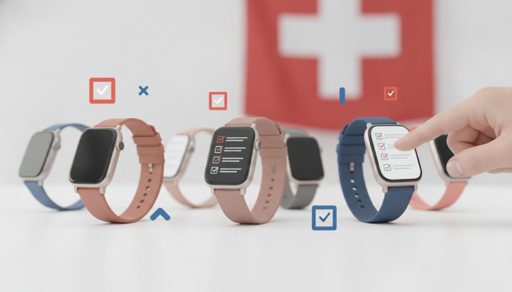 Editorial header photo for a swiss consumer checklist article titled "Smartwatches Checkliste Schweiz". Photorealistic, bright, friendly consumer-magazine style, no text, no logos. Use #f2504e and #006bbd as accent colors.