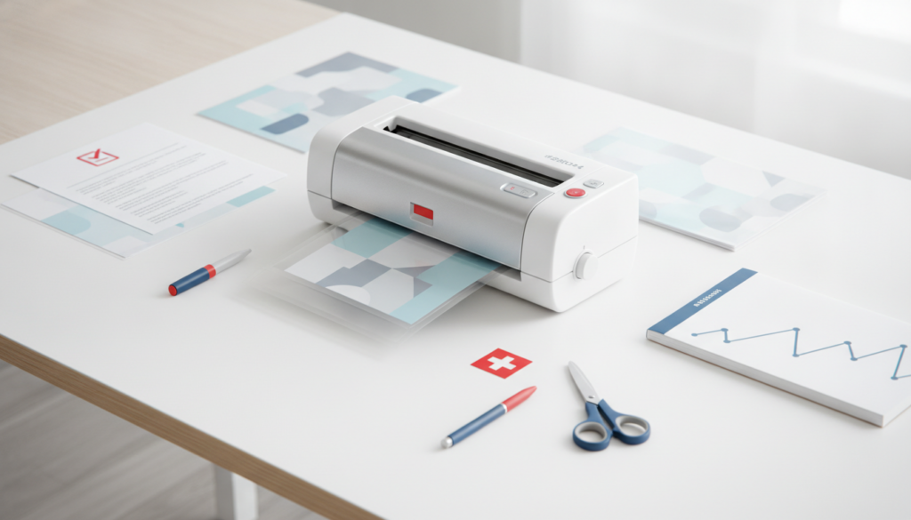 Editorial header photo for a swiss consumer checklist article titled "Laminiergeräte Checkliste Schweiz". Photorealistic, bright, friendly consumer-magazine style, no text, no logos. Use #f2504e and #006bbd as accent colors.