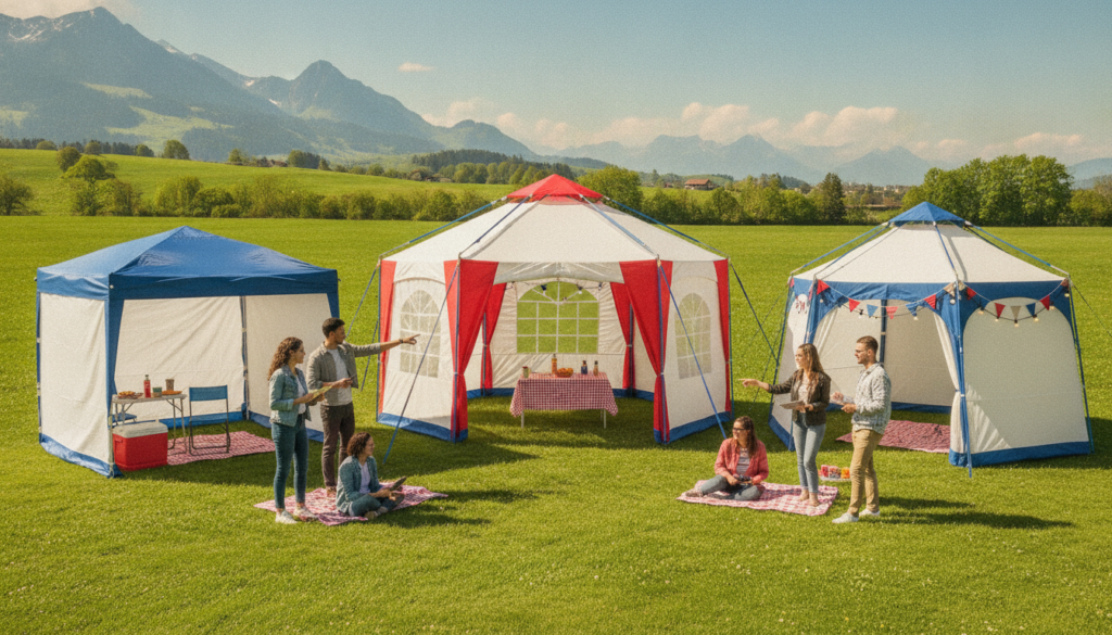 Editorial header photo for a swiss consumer checklist article titled "Pavillons & Party-Zelte Checkliste Schweiz". Photorealistic, bright, friendly consumer-magazine style, no text, no logos. Use #f2504e and #006bbd as accent colors.