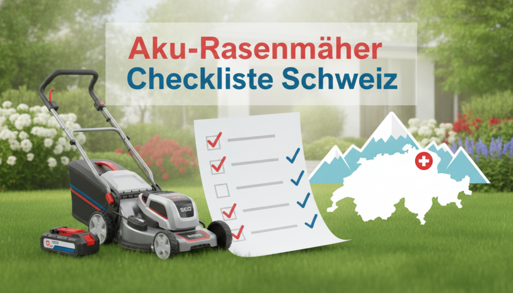 Editorial header photo for a swiss consumer checklist article titled "Akku-Rasenmäher Checkliste Schweiz". Photorealistic, bright, friendly consumer-magazine style, no text, no logos. Use #f2504e and #006bbd as accent colors.