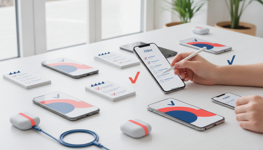 Editorial header photo for a swiss consumer checklist article titled "Smartphones Checkliste Schweiz". Photorealistic, bright, friendly consumer-magazine style, no text, no logos. Use #f2504e and #006bbd as accent colors.