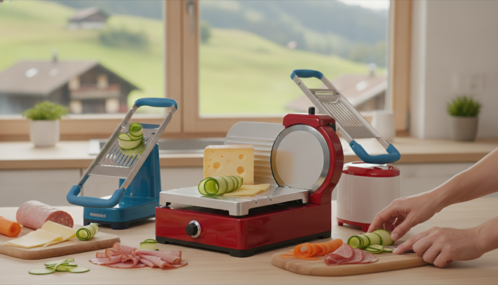 Editorial header photo for a swiss consumer checklist article in the Haushalt > Küche > Schneidemaschinen
category,  titled "Schneidemaschinen Checkliste Schweiz". Photorealistic, bright, friendly consumer-magazine style, no text, no logos. Use #f2504e and #006bbd as accent colors.