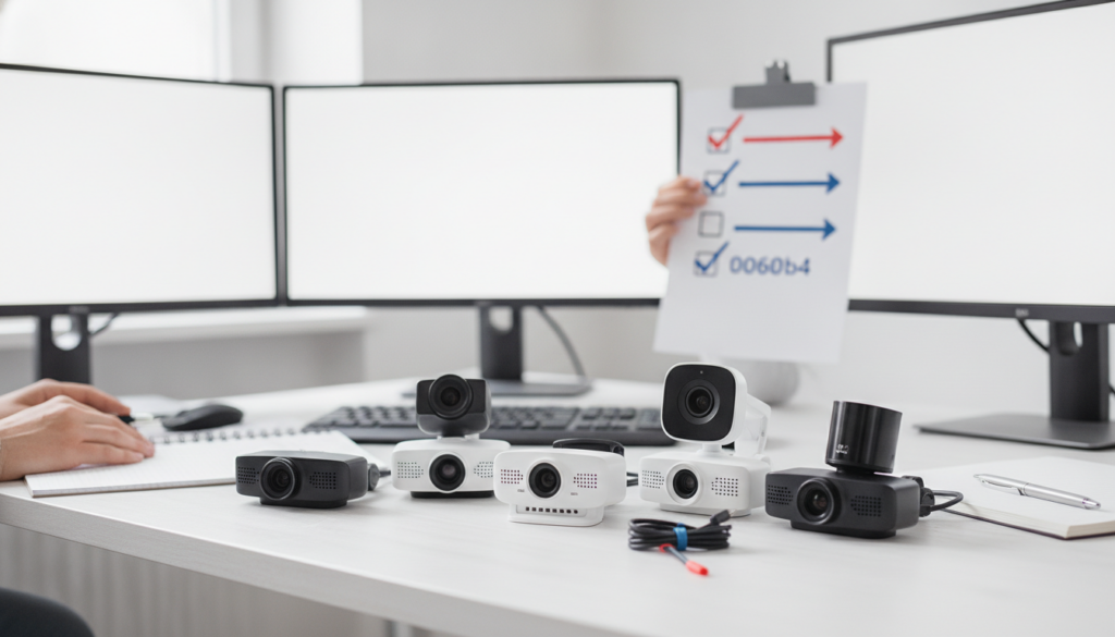 Redaktionelles Titelbild (Header-Foto) für einen Schweizer Konsumenten-Artikel (checklist) aus der Kategorie Computer > PC Kameras mit dem Titel «PC Kameras Checkliste Schweiz». Fotorealistisch, hell, freundlich im Stil eines Konsumenten-Magazins, kein Text, keine Logos. Verwende #f2504e und #006bbd als Akzentfarben.