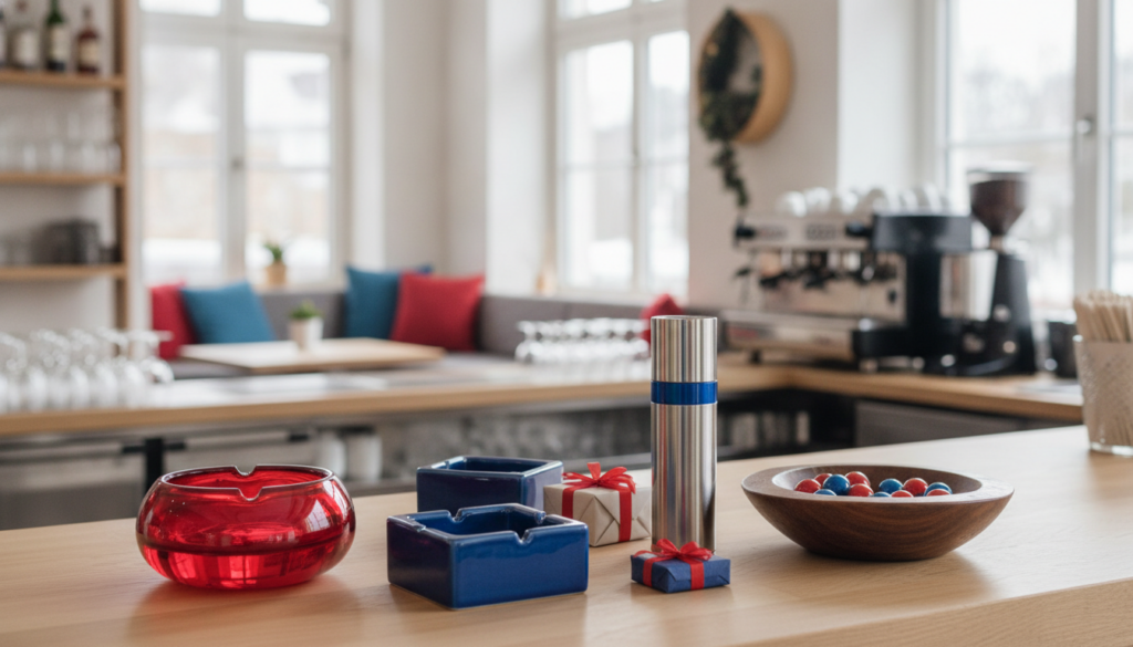 Redaktionelles Titelbild (Header-Foto) für einen Schweizer Konsumenten-Artikel (giftidea) aus der Kategorie Bar & Lounge > Aschenbecher mit dem Titel «Aschenbecher Geschenkideen». Fotorealistisch, hell, freundlich im Stil eines Konsumenten-Magazins, kein Text, keine Logos. Verwende #f2504e und #006bbd als Akzentfarben.