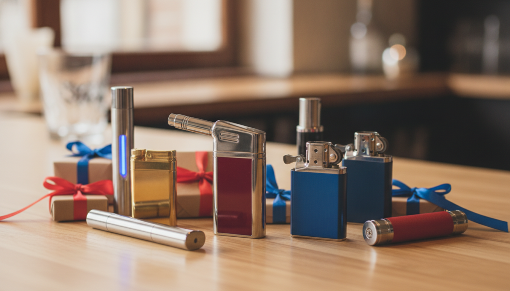 Redaktionelles Titelbild (Header-Foto) für einen Schweizer Konsumenten-Artikel (giftidea) aus der Kategorie Bar & Lounge > Feuerzeug mit dem Titel «Feuerzeug Geschenkideen». Fotorealistisch, hell, freundlich im Stil eines Konsumenten-Magazins, kein Text, keine Logos. Verwende #f2504e und #006bbd als Akzentfarben.