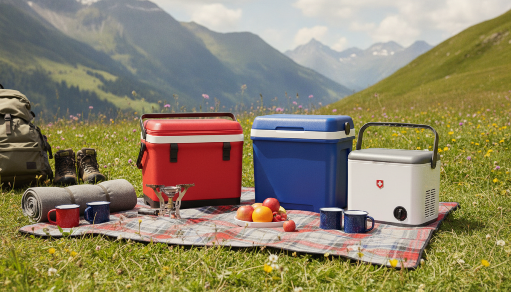 Redaktionelles Titelbild (Header-Foto) für einen Schweizer Konsumenten-Artikel (giftidea) aus der Kategorie Camping > Kühlerboxen mit dem Titel «Kühlerboxen Geschenkideen». Fotorealistisch, hell, freundlich im Stil eines Konsumenten-Magazins, kein Text, keine Logos. Verwende #f2504e und #006bbd als Akzentfarben.