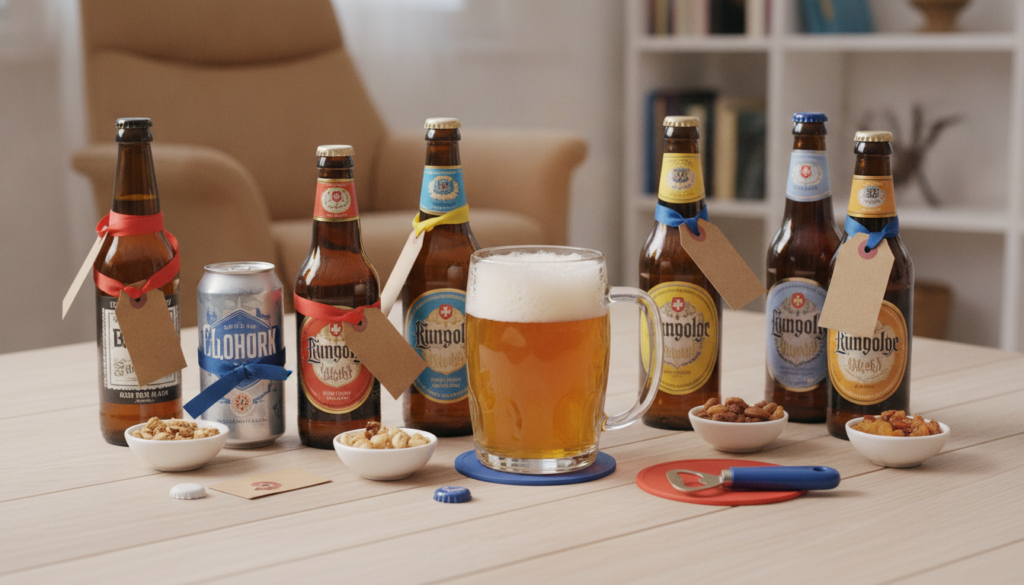 Redaktionelles Titelbild (Header-Foto) für einen Schweizer Konsumenten-Artikel (giftidea) aus der Kategorie Alkoholische Getränke > Bier mit dem Titel «Bier Geschenkideen». Fotorealistisch, hell, freundlich im Stil eines Konsumenten-Magazins, kein Text, keine Logos. Verwende #f2504e und #006bbd als Akzentfarben.