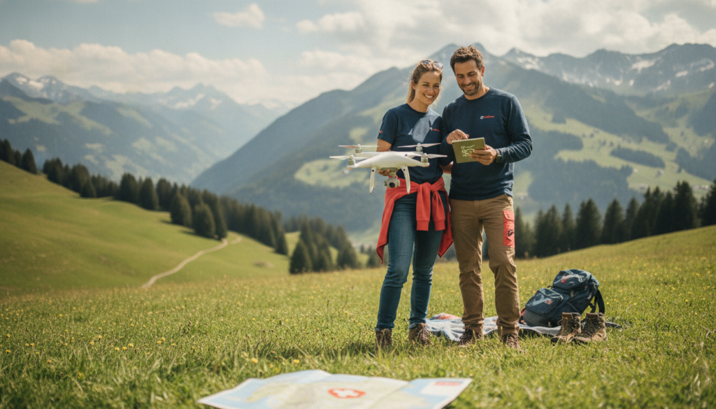 Editorial header photo for a swiss consumer checklist article titled "Drohnen Checkliste Schweiz". Photorealistic, bright, friendly consumer-magazine style, no text, no logos. Use #f2504e and #006bbd as accent colors.