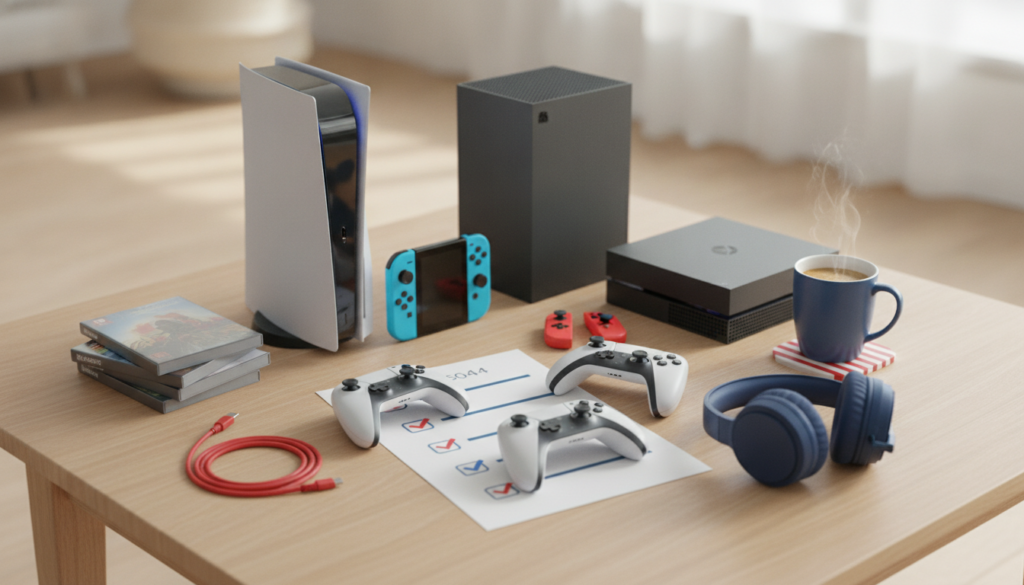 Editorial header photo for a swiss consumer checklist article titled "Game Konsolen Checkliste Schweiz". Photorealistic, bright, friendly consumer-magazine style, no text, no logos. Use #f2504e and #006bbd as accent colors.