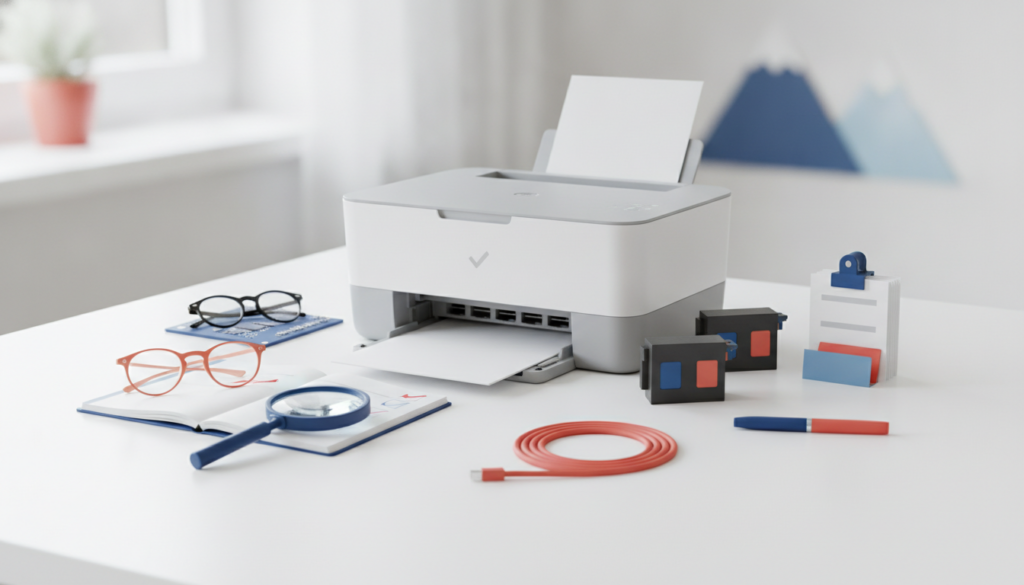 Editorial header photo for a swiss consumer checklist article titled "Drucker Checkliste Schweiz". Photorealistic, bright, friendly consumer-magazine style, no text, no logos. Use #f2504e and #006bbd as accent colors.