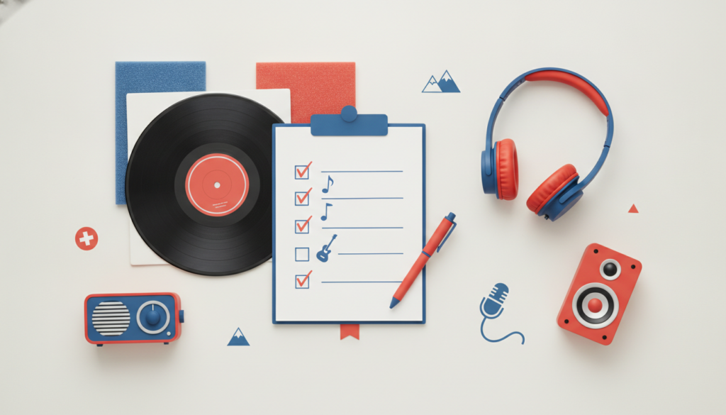 Editorial header photo for a swiss consumer checklist article titled "Musik Checkliste Schweiz". Photorealistic, bright, friendly consumer-magazine style, no text, no logos. Use #f2504e and #006bbd as accent colors.