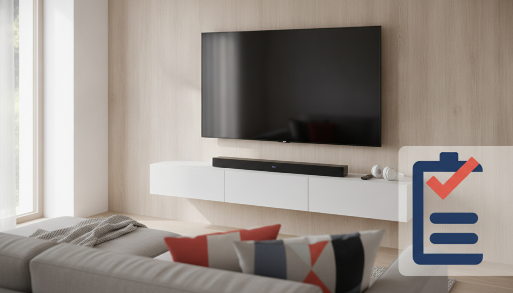 Editorial header photo for a swiss consumer checklist article titled "Soundbar Checkliste Schweiz". Photorealistic, bright, friendly consumer-magazine style, no text, no logos. Use #f2504e and #006bbd as accent colors.