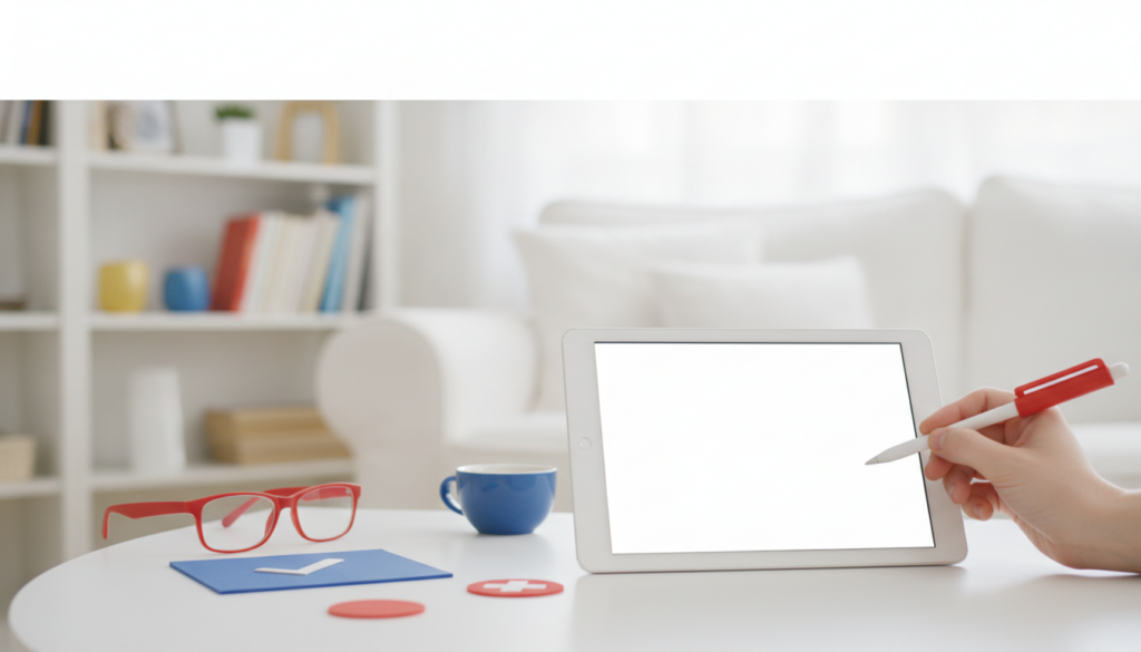 Editorial header photo for a swiss consumer checklist article titled "Tablets Checkliste Schweiz". Photorealistic, bright, friendly consumer-magazine style, no text, no logos. Use #f2504e and #006bbd as accent colors.