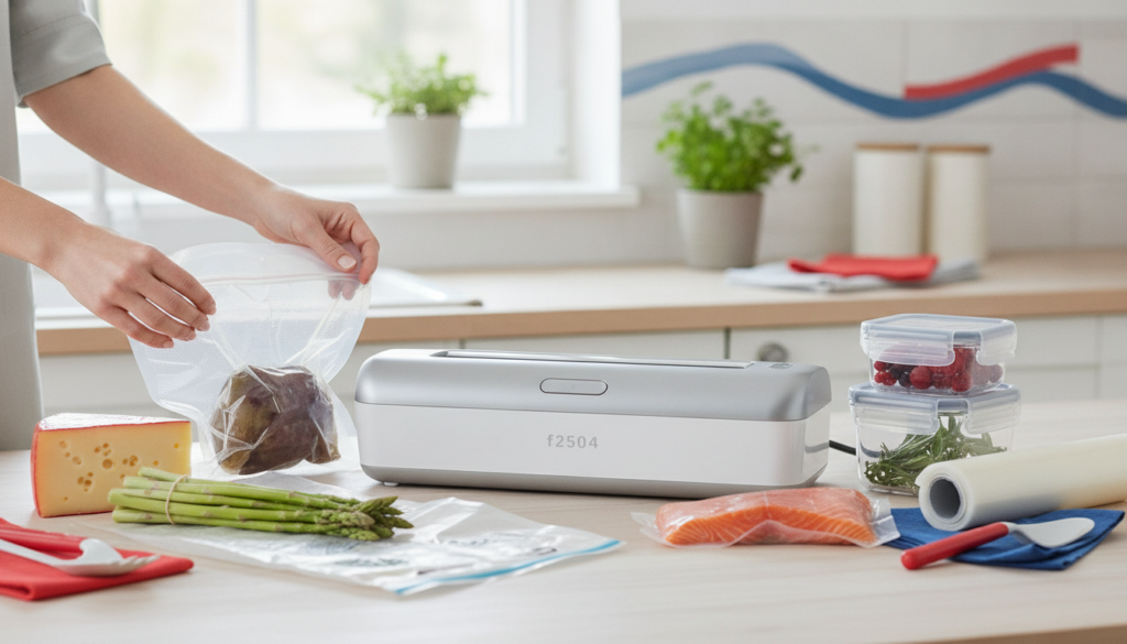 Editorial header photo for a swiss consumer checklist article titled "Vakuumiergeräte Checkliste Schweiz". Photorealistic, bright, friendly consumer-magazine style, no text, no logos. Use #f2504e and #006bbd as accent colors.