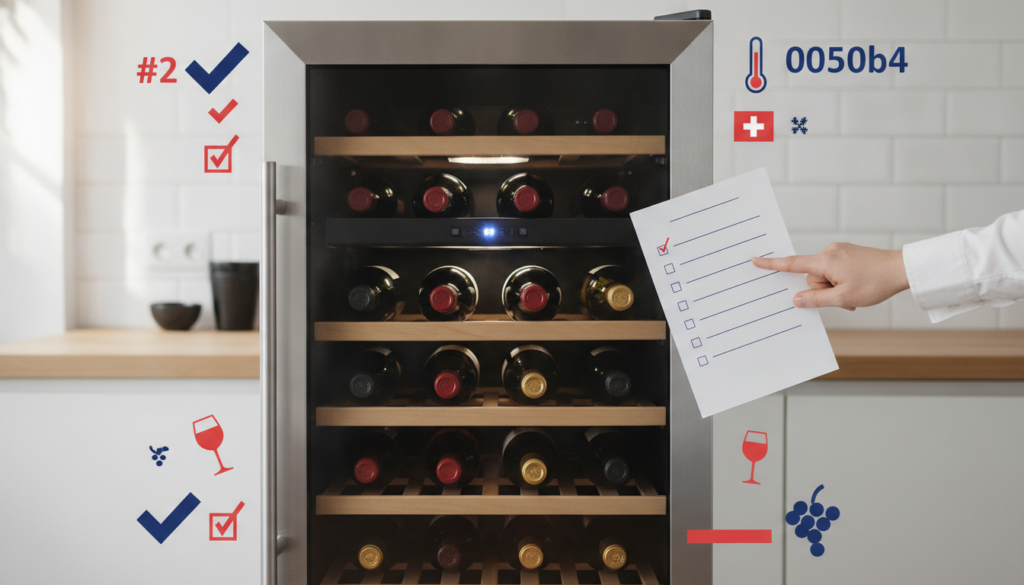 Editorial header photo for a swiss consumer checklist article titled "Weinkühlschrank Checkliste Schweiz". Photorealistic, bright, friendly consumer-magazine style, no text, no logos. Use #f2504e and #006bbd as accent colors.