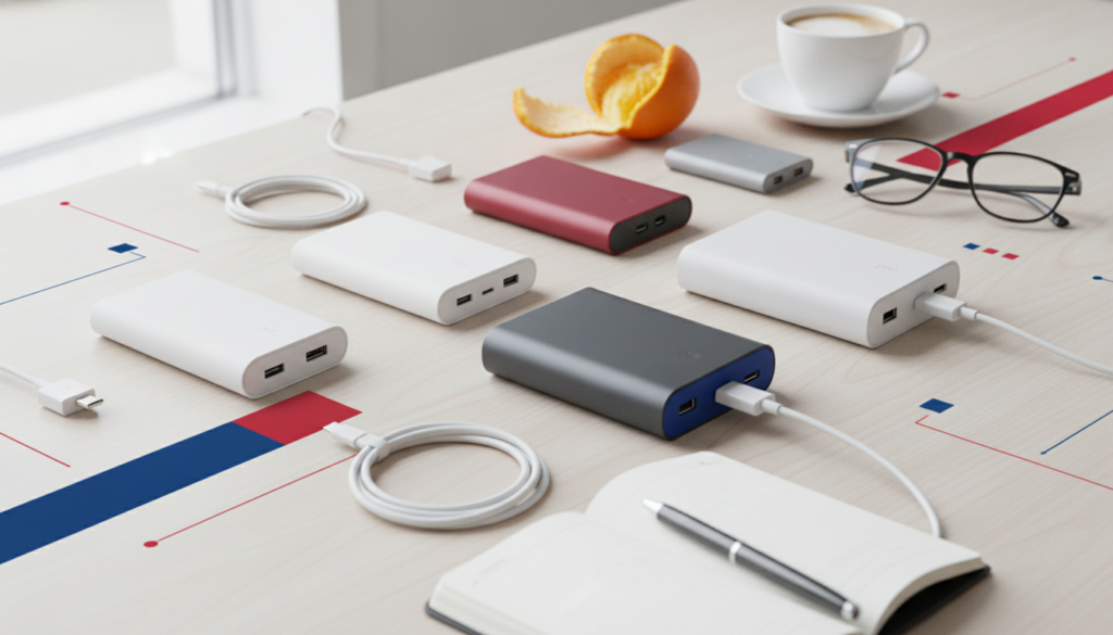 Editorial header photo for a swiss consumer checklist article titled "Powerbank Checkliste Schweiz". Photorealistic, bright, friendly consumer-magazine style, no text, no logos. Use #f2504e and #006bbd as accent colors.
