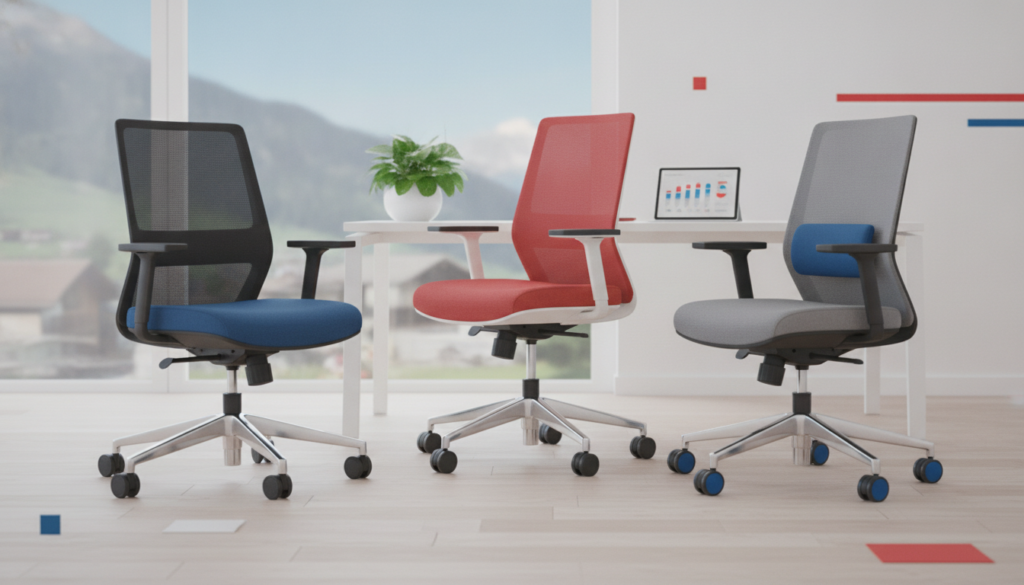 Editorial header photo for a swiss consumer checklist article titled "Bürostühle Checkliste Schweiz". Photorealistic, bright, friendly consumer-magazine style, no text, no logos. Use #f2504e and #006bbd as accent colors.