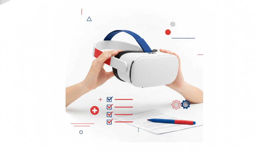 Editorial header photo for a swiss consumer checklist article titled "VR-Brillen Checkliste Schweiz". Photorealistic, bright, friendly consumer-magazine style, no text, no logos. Use #f2504e and #006bbd as accent colors.
