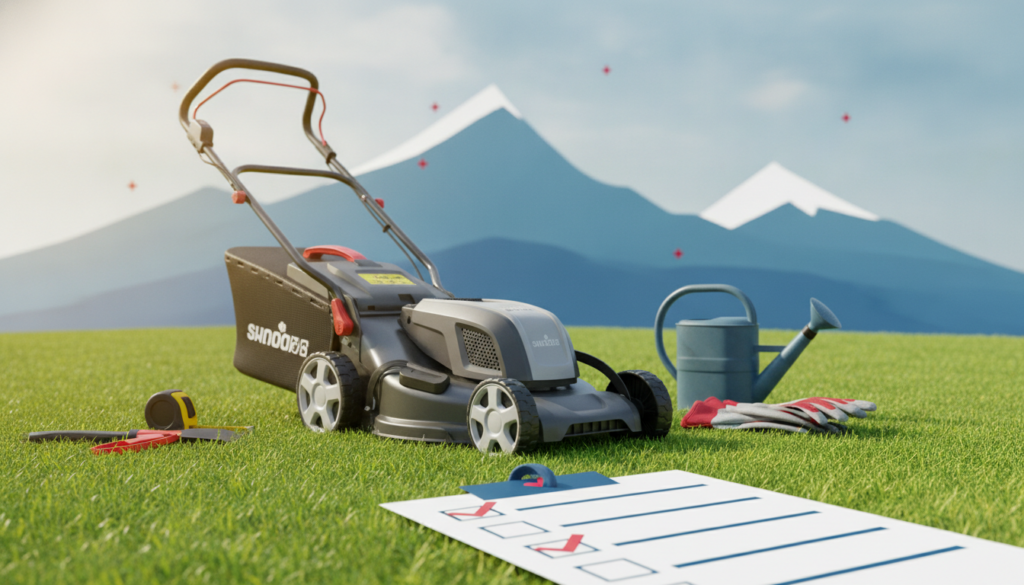 Editorial header photo for a swiss consumer checklist article titled "Elektro-Rasenmäher Checkliste Schweiz". Photorealistic, bright, friendly consumer-magazine style, no text, no logos. Use #f2504e and #006bbd as accent colors.
