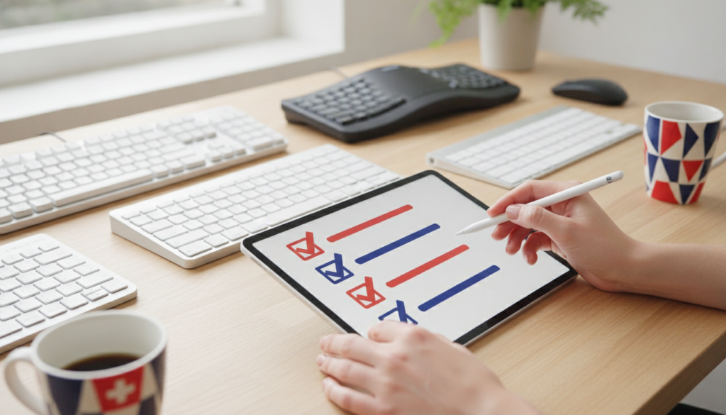Redaktionelles Titelbild (Header-Foto) für einen Schweizer Konsumenten-Artikel (checklist) aus der Kategorie Computer > Tastaturen mit dem Titel «Tastaturen Checkliste Schweiz». Fotorealistisch, hell, freundlich im Stil eines Konsumenten-Magazins, kein Text, keine Logos. Verwende #f2504e und #006bbd als Akzentfarben.