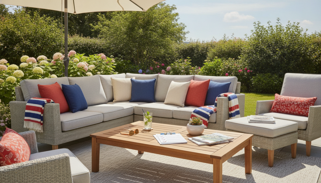 Redaktionelles Titelbild (Header-Foto) für einen Schweizer Konsumenten-Artikel (checklist) aus der Kategorie Garten > Gartenmöbel > Gartensofas & -Lounges mit dem Titel «Gartensofas & -Lounges Checkliste Schweiz». Fotorealistisch, hell, freundlich im Stil eines Konsumenten-Magazins, kein Text, keine Logos. Verwende #f2504e und #006bbd als Akzentfarben.