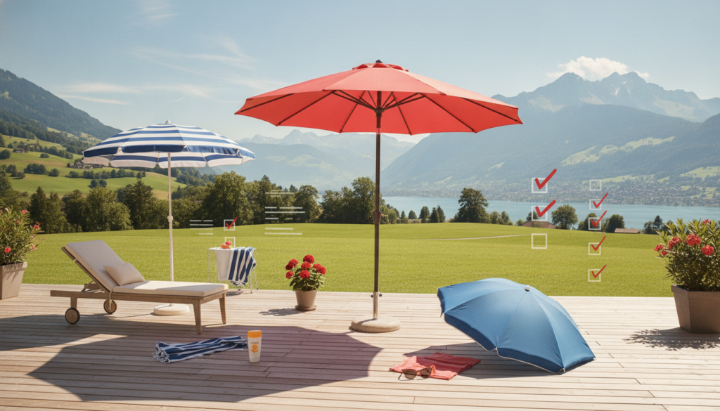 Editorial header photo for a swiss consumer checklist article titled "Sonnenschirme Checkliste Schweiz". Photorealistic, bright, friendly consumer-magazine style, no text, no logos. Use #f2504e and #006bbd as accent colors.