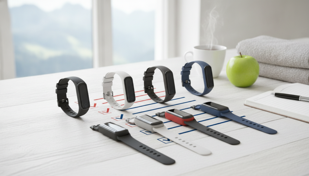 Redaktionelles Titelbild (Header-Foto) für einen Schweizer Konsumenten-Artikel (checklist) aus der Kategorie Wearables > Fitness-Tracker mit dem Titel «Fitness-Tracker Checkliste Schweiz». Fotorealistisch, hell, freundlich im Stil eines Konsumenten-Magazins, kein Text, keine Logos. Verwende #f2504e und #006bbd als Akzentfarben.