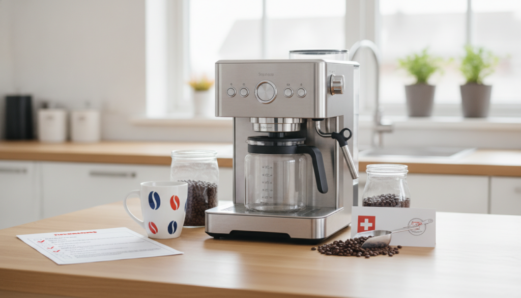 Redaktionelles Titelbild (Header-Foto) für einen Schweizer Konsumenten-Artikel (checklist) aus der Kategorie Küche > Kaffeemaschinen mit dem Titel «Kaffeemaschinen Checkliste Schweiz». Fotorealistisch, hell, freundlich im Stil eines Konsumenten-Magazins, kein Text, keine Logos. Verwende #f2504e und #006bbd als Akzentfarben.