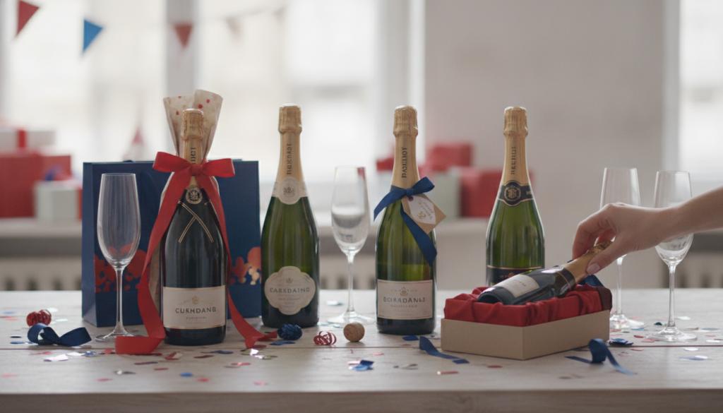 Redaktionelles Titelbild (Header-Foto) für einen Schweizer Konsumenten-Artikel (giftidea) aus der Kategorie Alkoholische Getränke > Champagner & Schaumweine > Champagner mit dem Titel «Champagner Geschenkideen». Fotorealistisch, hell, freundlich im Stil eines Konsumenten-Magazins, kein Text, keine Logos. Verwende #f2504e und #006bbd als Akzentfarben.