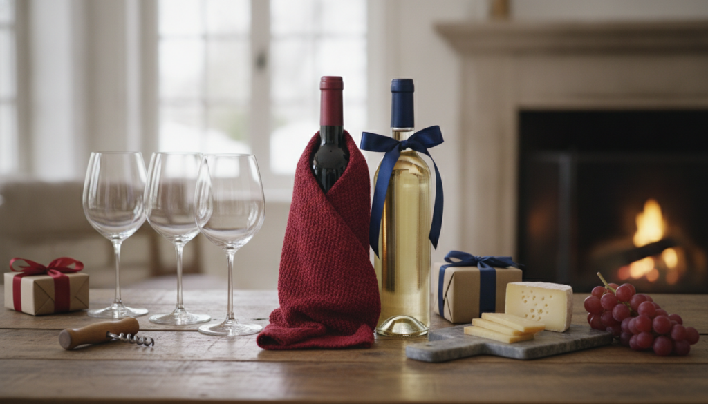 Redaktionelles Titelbild (Header-Foto) für einen Schweizer Konsumenten-Artikel (giftidea) aus der Kategorie Alkoholische Getränke > Wein mit dem Titel «Wein Geschenkideen». Fotorealistisch, hell, freundlich im Stil eines Konsumenten-Magazins, kein Text, keine Logos. Verwende #f2504e und #006bbd als Akzentfarben.