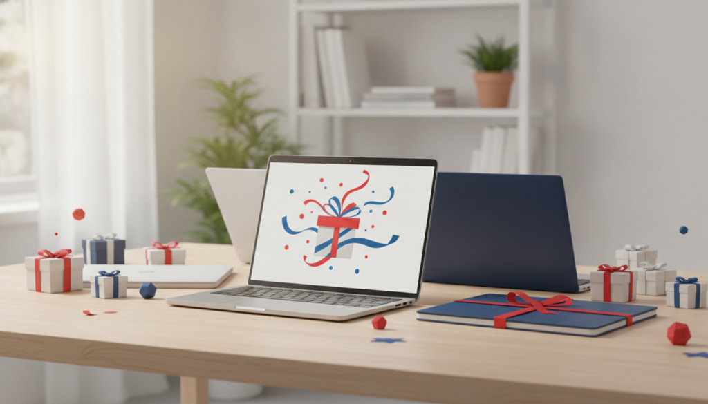 Redaktionelles Titelbild (Header-Foto) für einen Schweizer Konsumenten-Artikel (giftidea) aus der Kategorie Laptops > Notebooks mit dem Titel «Notebooks Geschenkideen». Fotorealistisch, hell, freundlich im Stil eines Konsumenten-Magazins, kein Text, keine Logos. Verwende #f2504e und #006bbd als Akzentfarben.