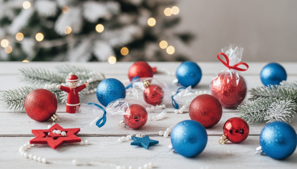 Redaktionelles Titelbild (Header-Foto) für einen Schweizer Konsumenten-Artikel (giftidea) aus der Kategorie Dekoration > Christbaumschmuck mit dem Titel «Christbaumschmuck Geschenkideen». Fotorealistisch, hell, freundlich im Stil eines Konsumenten-Magazins, kein Text, keine Logos. Verwende #f2504e und #006bbd als Akzentfarben.