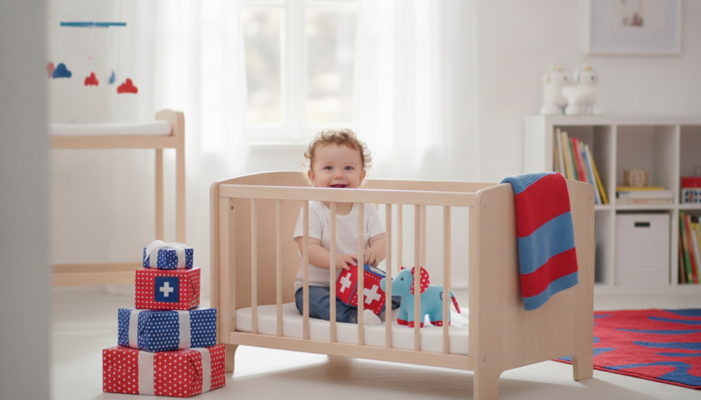 Redaktionelles Titelbild (Header-Foto) für einen Schweizer Konsumenten-Artikel (giftidea) aus der Kategorie Kinderzimmer > Laufgitter mit dem Titel «Laufgitter Geschenkideen». Fotorealistisch, hell, freundlich im Stil eines Konsumenten-Magazins, kein Text, keine Logos. Verwende #f2504e und #006bbd als Akzentfarben.