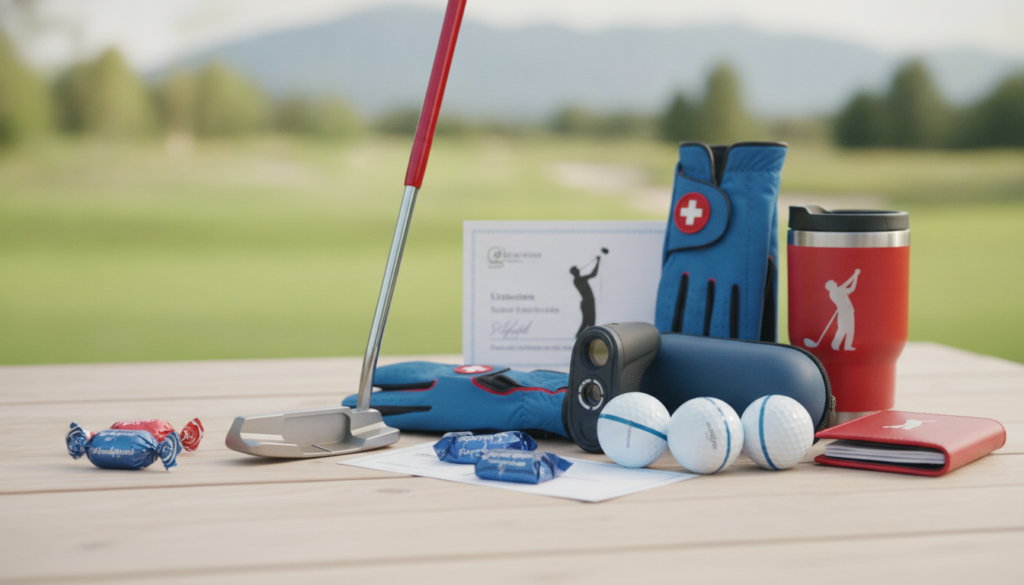 Redaktionelles Titelbild (Header-Foto) für einen Schweizer Konsumenten-Artikel (giftidea) aus der Kategorie Golf mit dem Titel «Golf Geschenkideen». Fotorealistisch, hell, freundlich im Stil eines Konsumenten-Magazins, kein Text, keine Logos. Verwende #f2504e und #006bbd als Akzentfarben.
