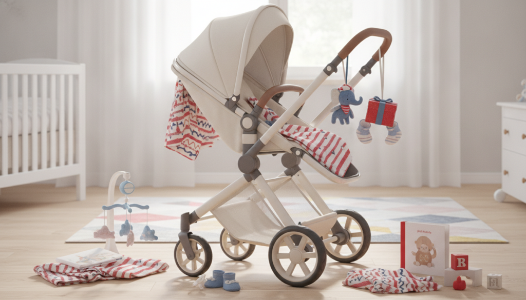 Redaktionelles Titelbild (Header-Foto) für einen Schweizer Konsumenten-Artikel (giftidea) aus der Kategorie Kinderzimmer > Kinderwagen mit dem Titel «Kinderwagen Geschenkideen». Fotorealistisch, hell, freundlich im Stil eines Konsumenten-Magazins, kein Text, keine Logos. Verwende #f2504e und #006bbd als Akzentfarben.