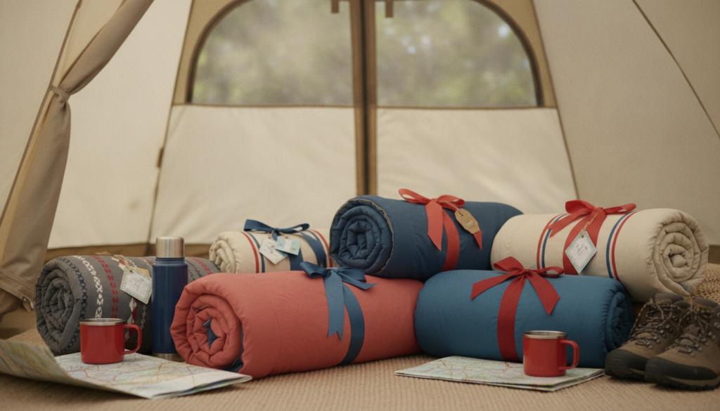 Redaktionelles Titelbild (Header-Foto) für einen Schweizer Konsumenten-Artikel (giftidea) aus der Kategorie Camping > Schlafsäcke mit dem Titel «Schlafsäcke Geschenkideen». Fotorealistisch, hell, freundlich im Stil eines Konsumenten-Magazins, kein Text, keine Logos. Verwende #f2504e und #006bbd als Akzentfarben.