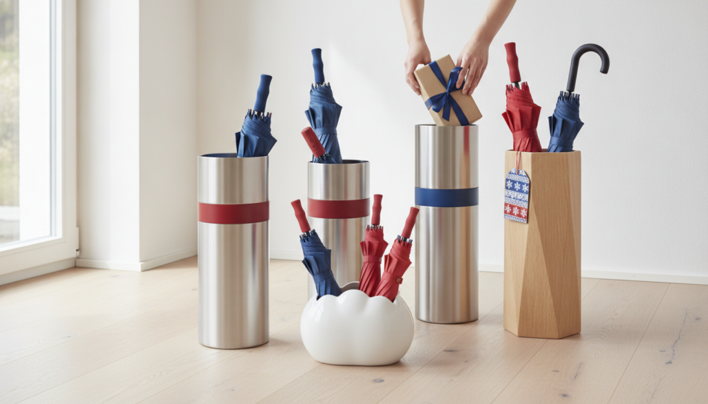 Redaktionelles Titelbild (Header-Foto) für einen Schweizer Konsumenten-Artikel (giftidea) aus der Kategorie Organisieren > Garderoben > Schirmständer mit dem Titel «Schirmständer Geschenkideen». Fotorealistisch, hell, freundlich im Stil eines Konsumenten-Magazins, kein Text, keine Logos. Verwende #f2504e und #006bbd als Akzentfarben.
