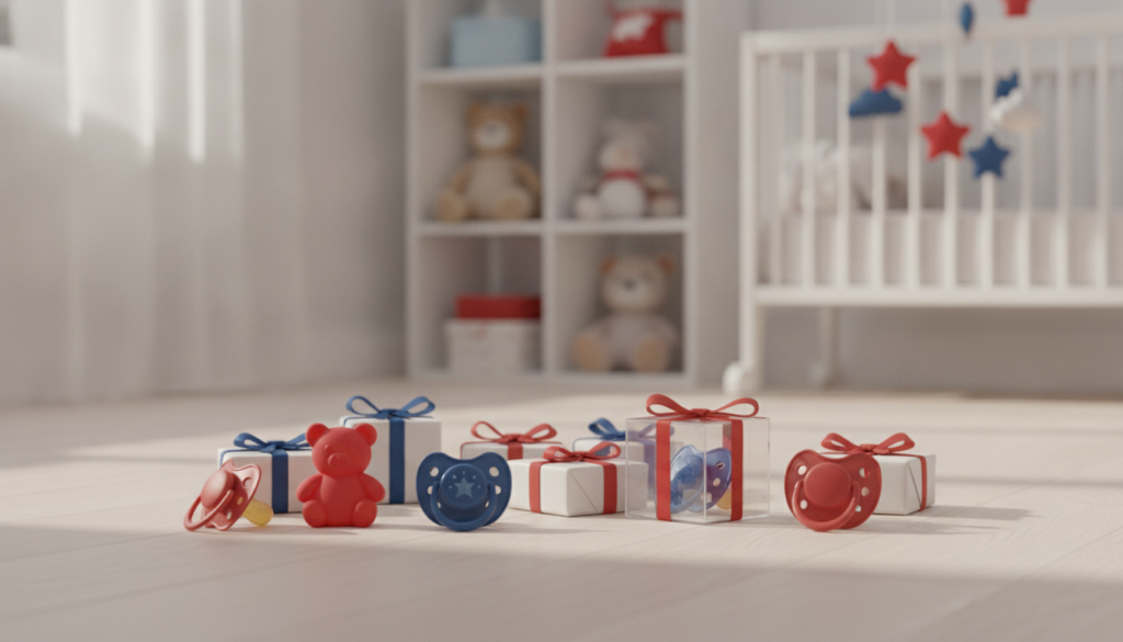 Redaktionelles Titelbild (Header-Foto) für einen Schweizer Konsumenten-Artikel (giftidea) aus der Kategorie Kinderzimmer > Nuggi mit dem Titel «Nuggi Geschenkideen». Fotorealistisch, hell, freundlich im Stil eines Konsumenten-Magazins, kein Text, keine Logos. Verwende #f2504e und #006bbd als Akzentfarben.