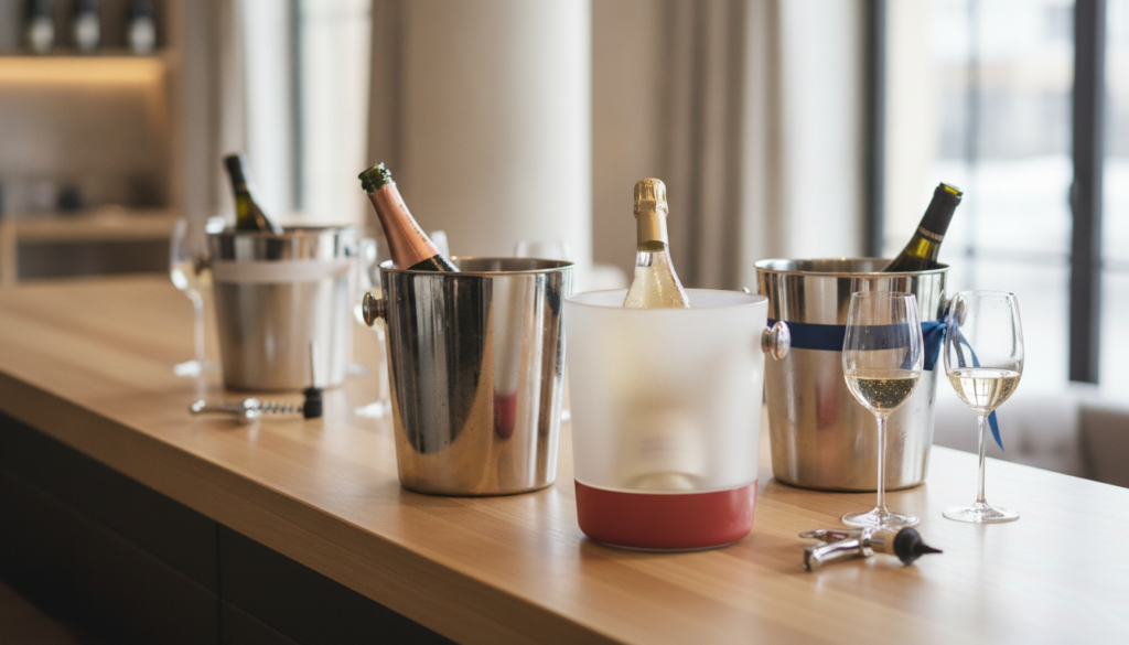 Redaktionelles Titelbild (Header-Foto) für einen Schweizer Konsumenten-Artikel (giftidea) aus der Kategorie Bar & Lounge > Wein & Champagnerkühler mit dem Titel «Wein & Champagnerkühler Geschenkideen». Fotorealistisch, hell, freundlich im Stil eines Konsumenten-Magazins, kein Text, keine Logos. Verwende #f2504e und #006bbd als Akzentfarben.