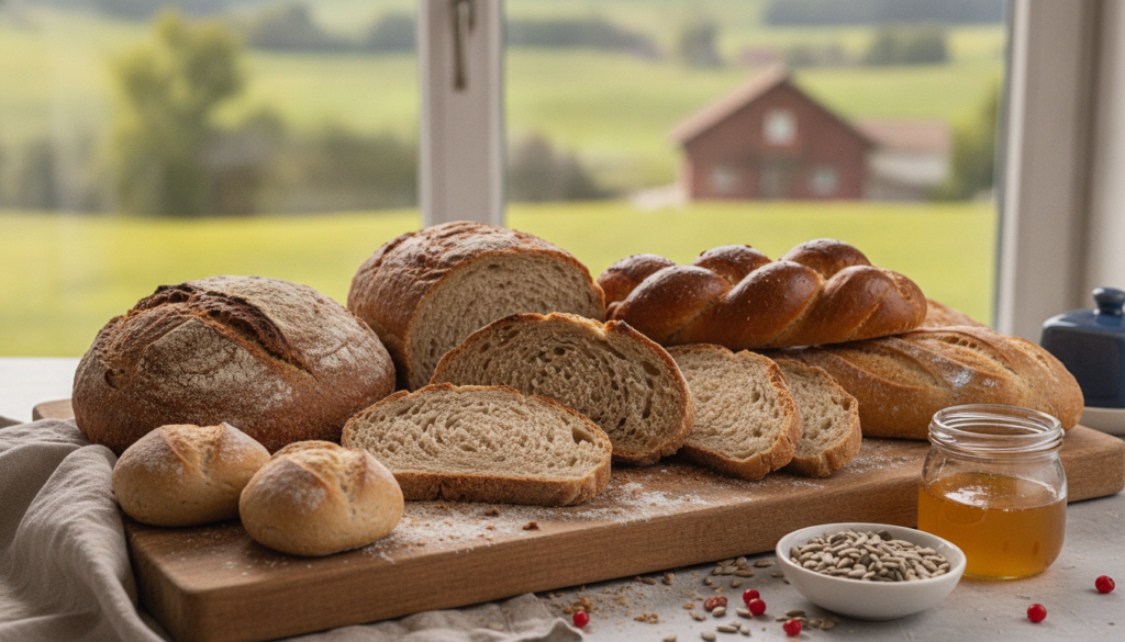 Redaktionelles Titelbild (Header-Foto) für einen Schweizer Konsumenten-Artikel (news) aus der Kategorie Brot mit dem Titel «Brot News». Fotorealistisch, hell, freundlich im Stil eines Konsumenten-Magazins, kein Text, keine Logos. Verwende #f2504e und #006bbd als Akzentfarben.