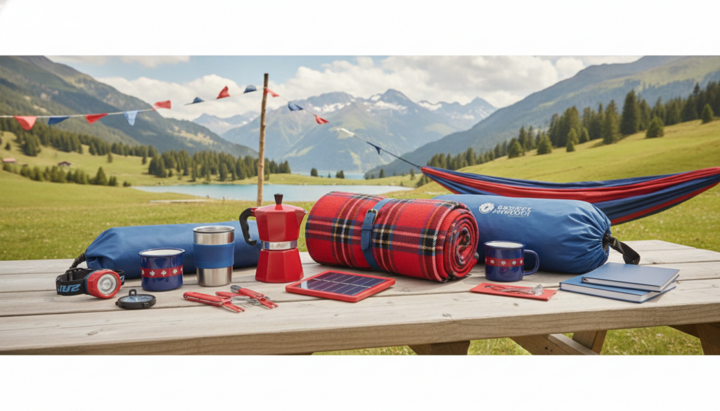 Redaktionelles Titelbild (Header-Foto) für einen Schweizer Konsumenten-Artikel (giftidea) aus der Kategorie Camping mit dem Titel «Camping Geschenkideen». Fotorealistisch, hell, freundlich im Stil eines Konsumenten-Magazins, kein Text, keine Logos. Verwende #f2504e und #006bbd als Akzentfarben.