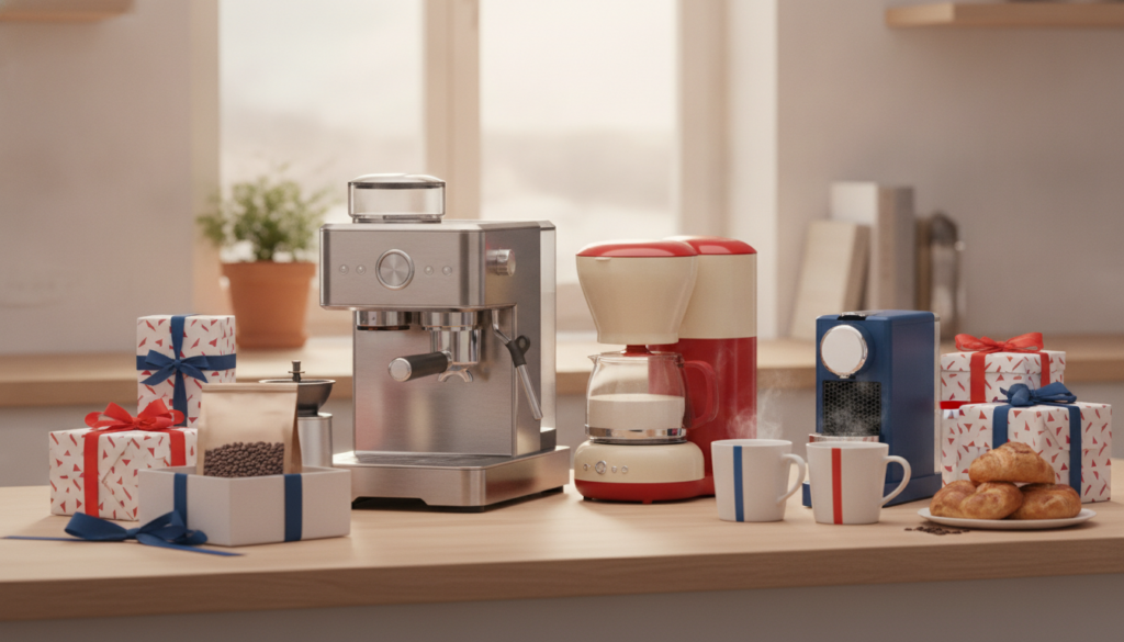 Redaktionelles Titelbild (Header-Foto) für einen Schweizer Konsumenten-Artikel (giftidea) aus der Kategorie Küche > Kaffeemaschinen mit dem Titel «Kaffeemaschinen Geschenkideen». Fotorealistisch, hell, freundlich im Stil eines Konsumenten-Magazins, kein Text, keine Logos. Verwende #f2504e und #006bbd als Akzentfarben.