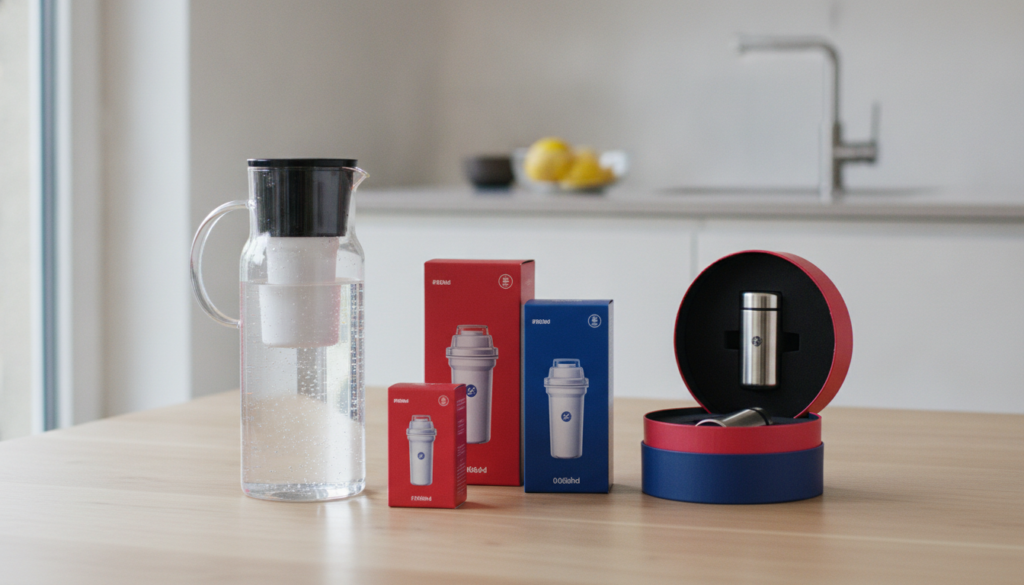 Redaktionelles Titelbild (Header-Foto) für einen Schweizer Konsumenten-Artikel (giftidea) aus der Kategorie Küche > Wasserfilter mit dem Titel «Wasserfilter Geschenkideen». Fotorealistisch, hell, freundlich im Stil eines Konsumenten-Magazins, kein Text, keine Logos. Verwende #f2504e und #006bbd als Akzentfarben.