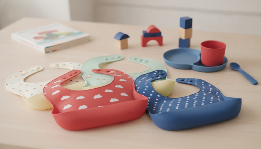 Redaktionelles Titelbild (Header-Foto) für einen Schweizer Konsumenten-Artikel (giftidea) aus der Kategorie Kinderzimmer > Kindergeschirr > Lätzchen mit dem Titel «Lätzchen Geschenkideen». Fotorealistisch, hell, freundlich im Stil eines Konsumenten-Magazins, kein Text, keine Logos. Verwende #f2504e und #006bbd als Akzentfarben.