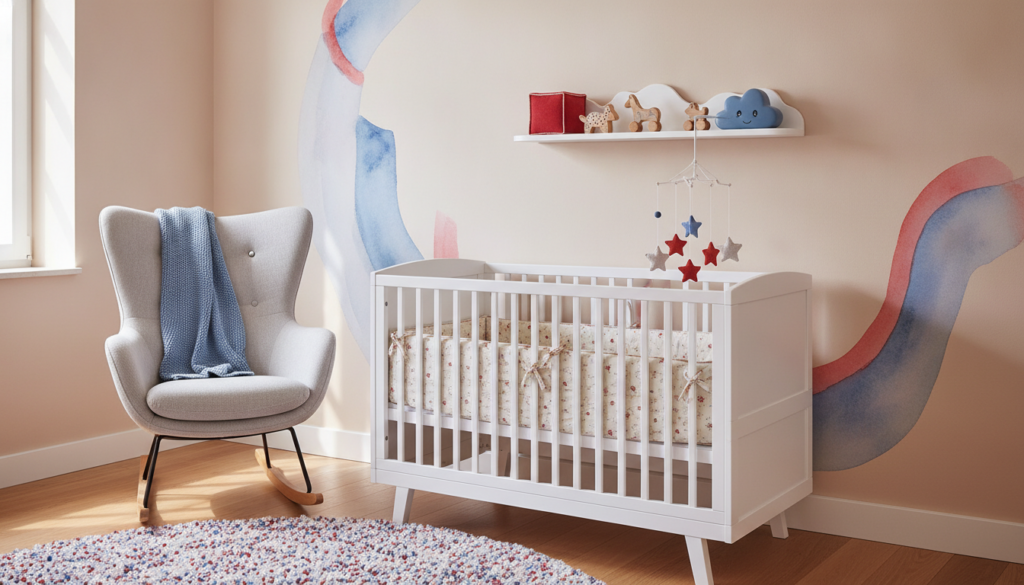 Redaktionelles Titelbild (Header-Foto) für einen Schweizer Konsumenten-Artikel (giftidea) aus der Kategorie Kinderzimmer > Baby-Möbel mit dem Titel «Baby-Möbel Geschenkideen». Fotorealistisch, hell, freundlich im Stil eines Konsumenten-Magazins, kein Text, keine Logos. Verwende #f2504e und #006bbd als Akzentfarben.