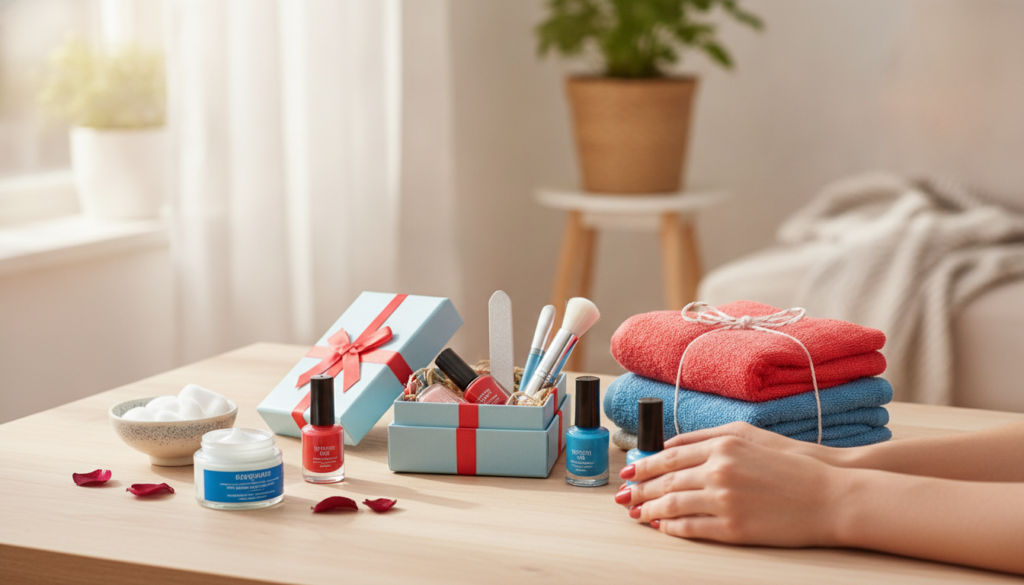 Redaktionelles Titelbild (Header-Foto) für einen Schweizer Konsumenten-Artikel (giftidea) aus der Kategorie Nagelpflege mit dem Titel «Nagelpflege Geschenkideen». Fotorealistisch, hell, freundlich im Stil eines Konsumenten-Magazins, kein Text, keine Logos. Verwende #f2504e und #006bbd als Akzentfarben.
