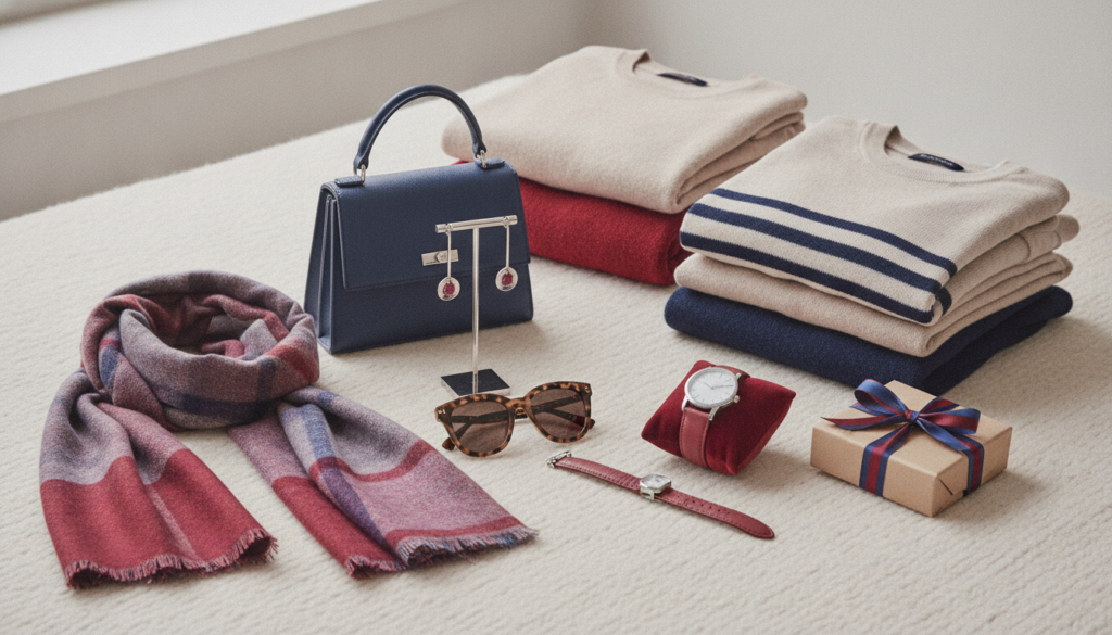 Redaktionelles Titelbild (Header-Foto) für einen Schweizer Konsumenten-Artikel (giftidea) aus der Kategorie Damen-Mode mit dem Titel «Damen-Mode Geschenkideen». Fotorealistisch, hell, freundlich im Stil eines Konsumenten-Magazins, kein Text, keine Logos. Verwende #f2504e und #006bbd als Akzentfarben.