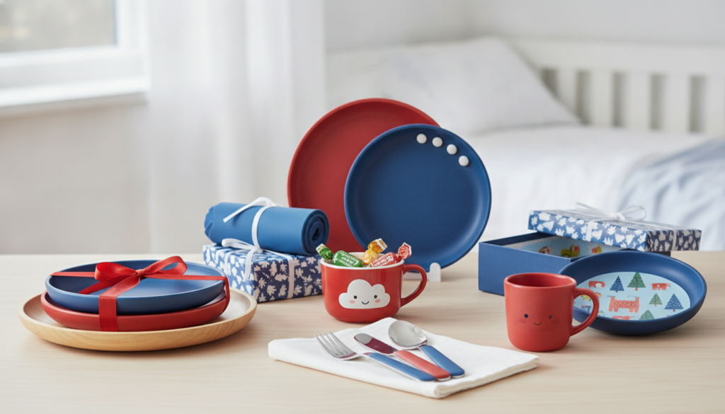 Redaktionelles Titelbild (Header-Foto) für einen Schweizer Konsumenten-Artikel (giftidea) aus der Kategorie Kinderzimmer > Kindergeschirr mit dem Titel «Kindergeschirr Geschenkideen». Fotorealistisch, hell, freundlich im Stil eines Konsumenten-Magazins, kein Text, keine Logos. Verwende #f2504e und #006bbd als Akzentfarben.