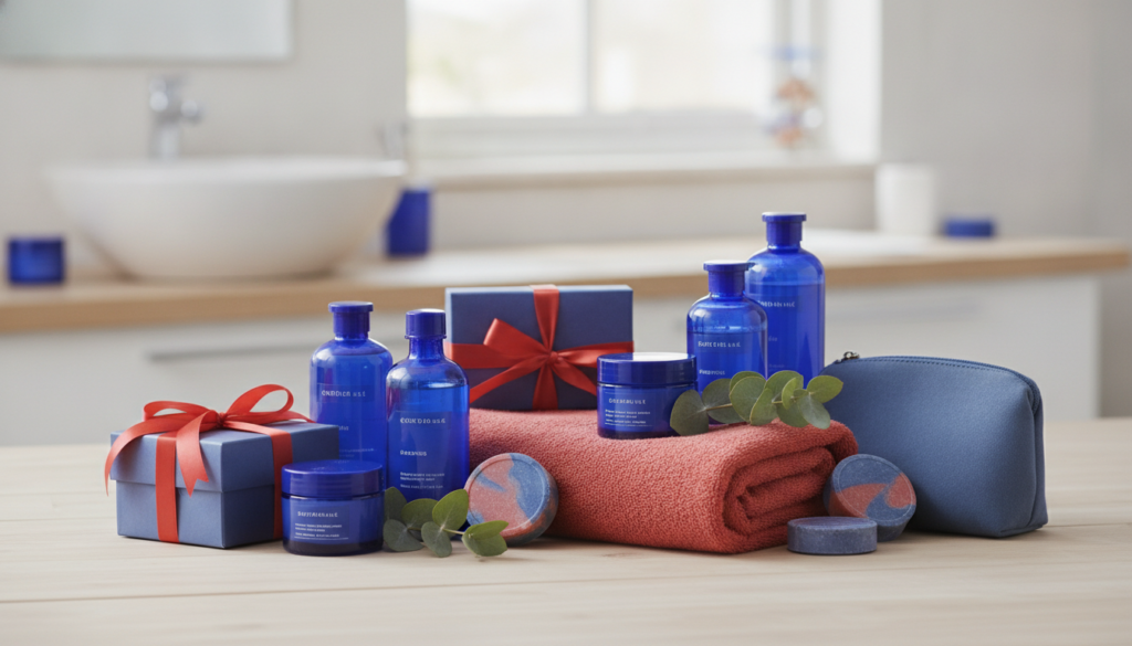 Redaktionelles Titelbild (Header-Foto) für einen Schweizer Konsumenten-Artikel (giftidea) aus der Kategorie Körperpflege mit dem Titel «Körperpflege Geschenkideen». Fotorealistisch, hell, freundlich im Stil eines Konsumenten-Magazins, kein Text, keine Logos. Verwende #f2504e und #006bbd als Akzentfarben.